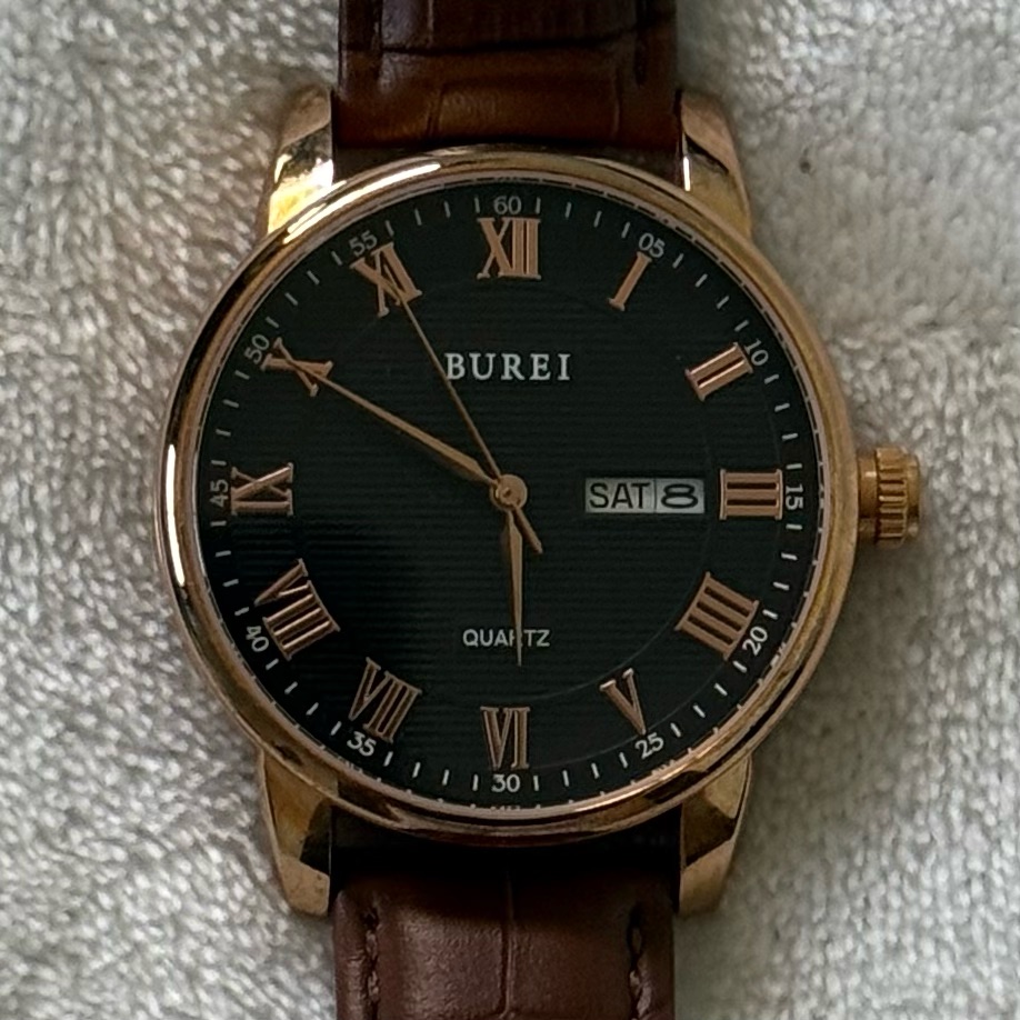 Burei Green Dial Watch GoldTone Brown Leather Roman Numeral DayDate